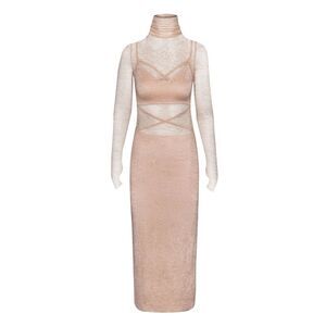 AFRM‎ Lizzo Mesh Dress Shifting Sand AED021402 Size S/P Sheer Stretch Lace Midi
